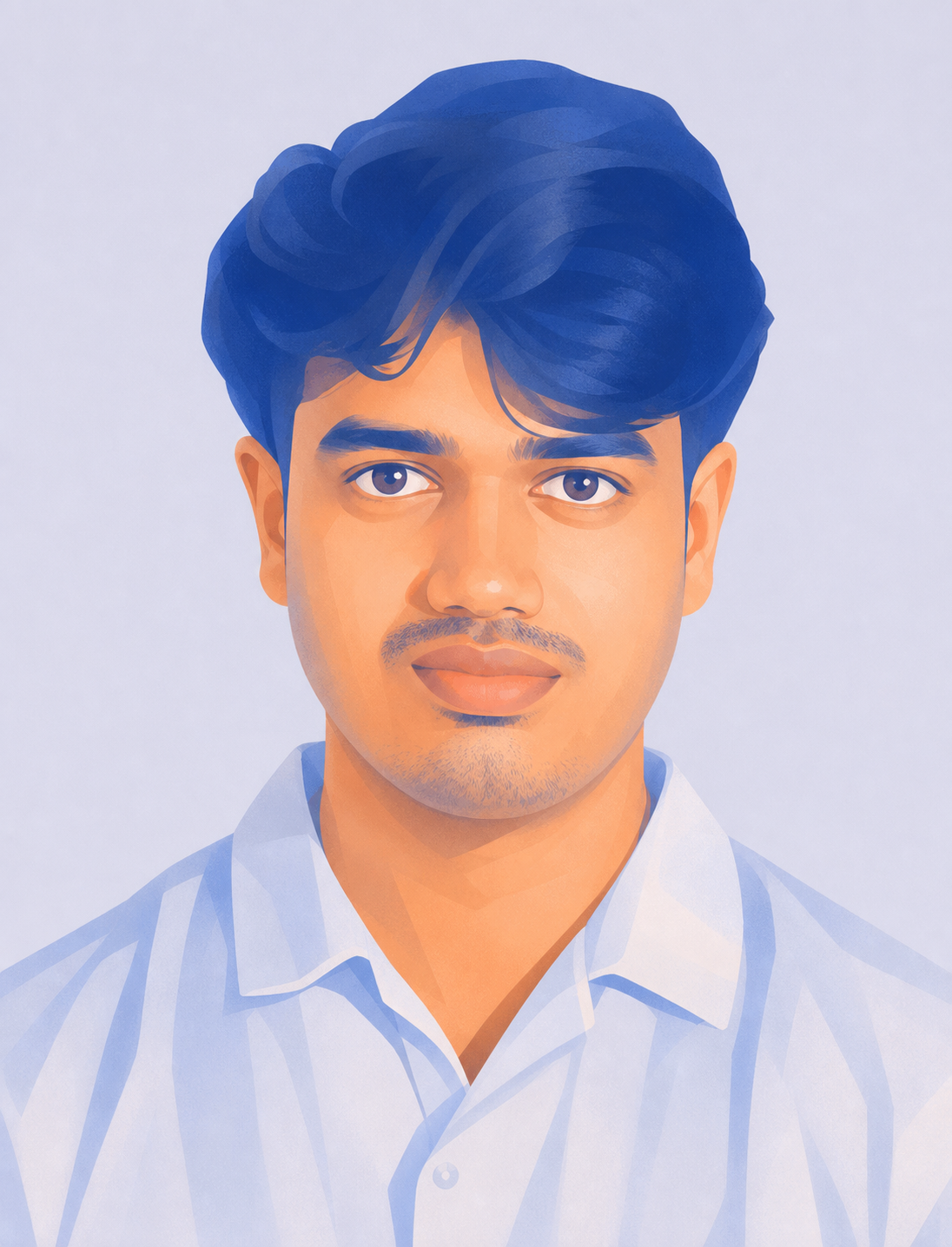 Editorial illustrated portrait of Abrar Ayman in a pale blue striped shirt