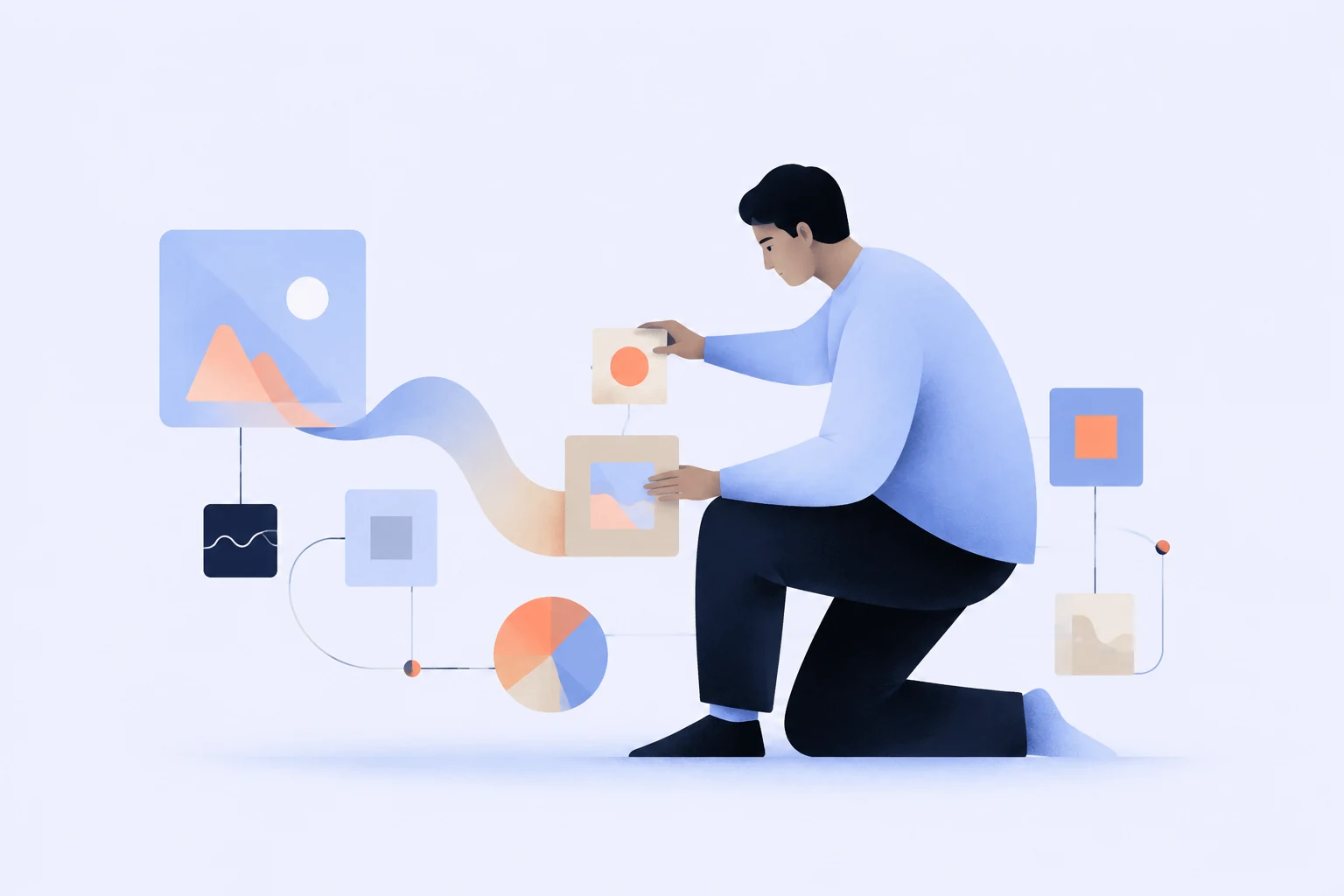 A simplified editorial illustration of a male designer arranging connected blue and orange visual modules