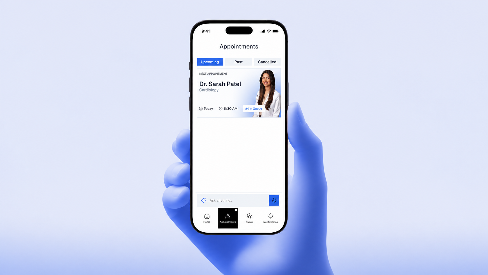 Mediq appointments interface on a phone held by a sculptural blue illustrated hand