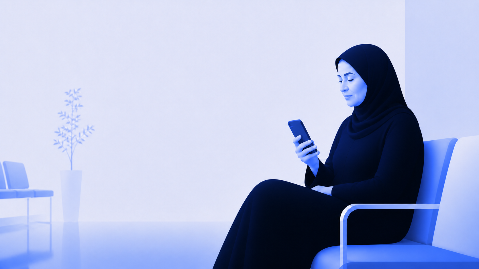 Simplified blue sculptural editorial illustration of an older Muslim patient in a black pardah checking appointment information on a phone in a clinic waiting area
