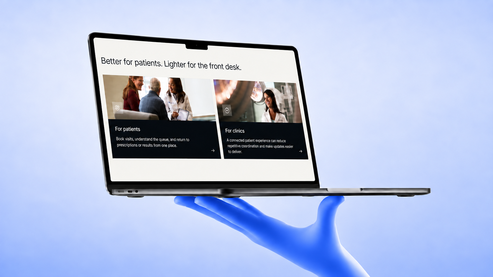 Mediq website cards for patients and clinics displayed on a laptop