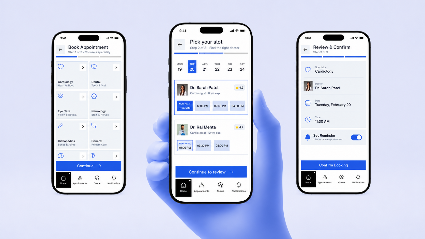 Three Mediq booking-flow screens with the center phone held by a sculptural blue illustrated hand