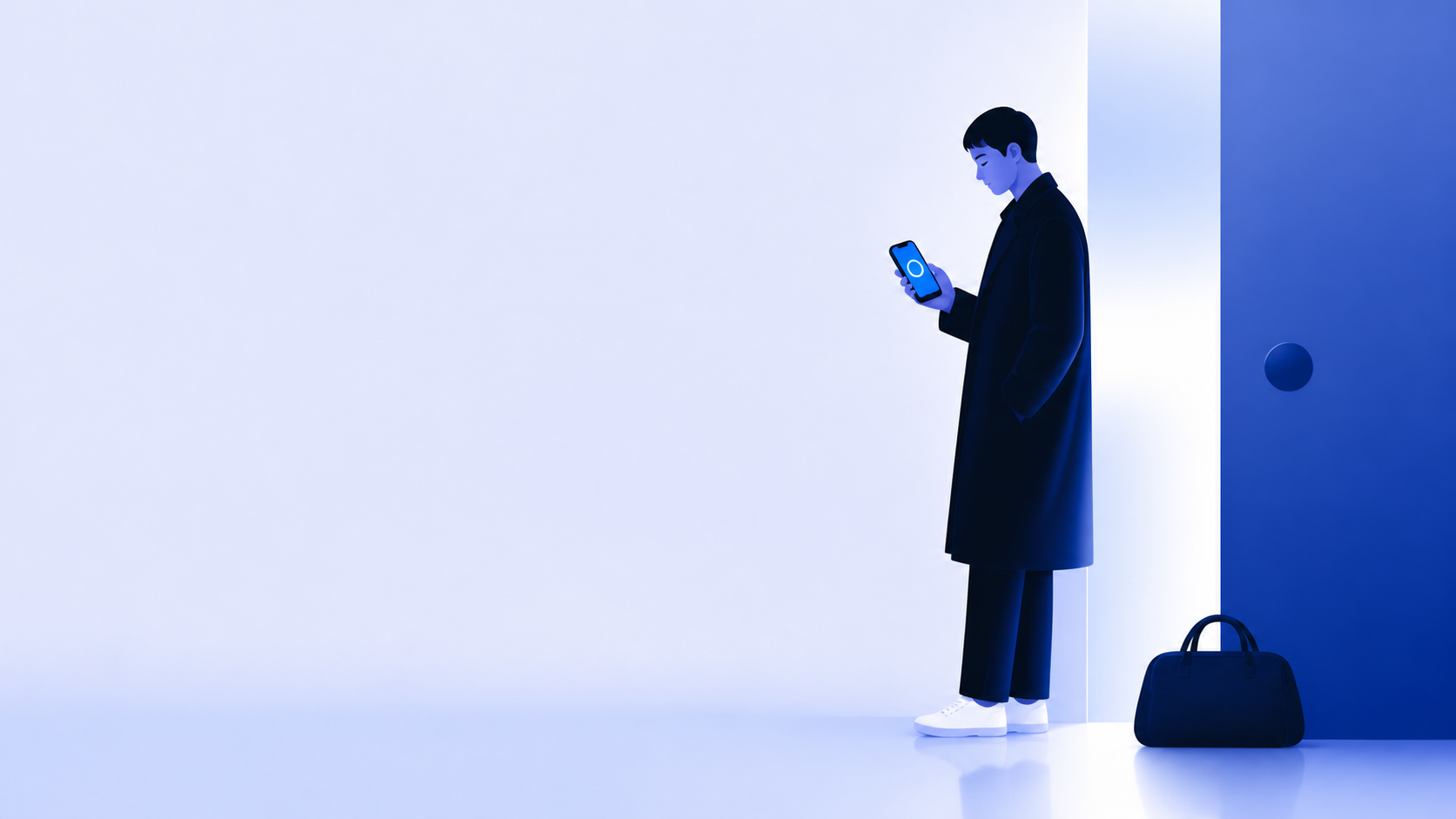 Editorial illustration of a patient checking a queue update on a phone before leaving for the clinic