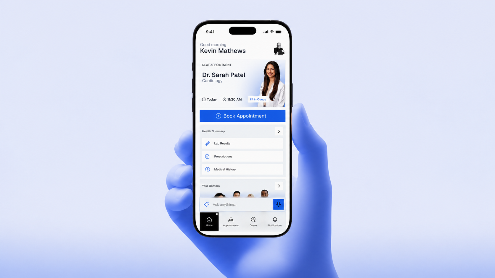 Mediq home dashboard on a phone held by a sculptural blue illustrated hand