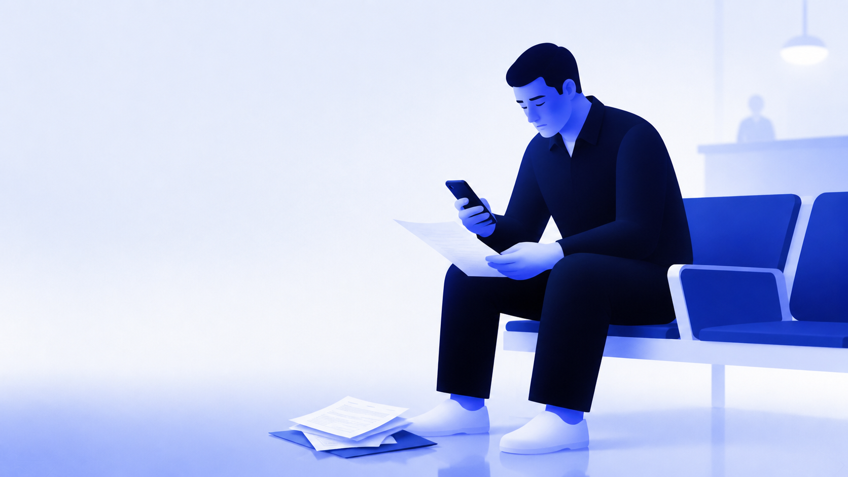 Blue editorial illustration of a patient waiting in a clinic while managing appointment forms and medical records
