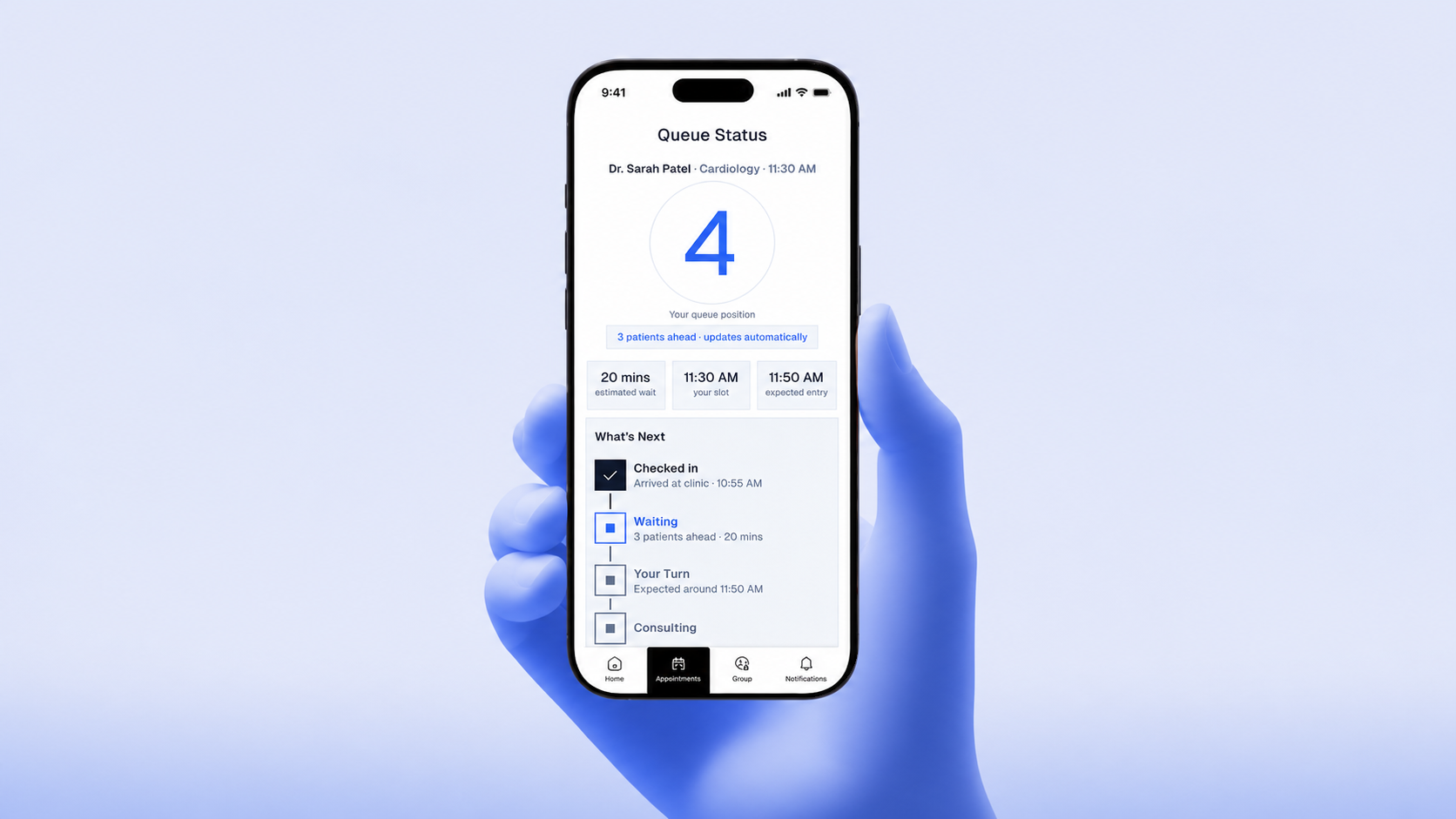 Mediq live queue status interface on a phone held by a sculptural blue illustrated hand