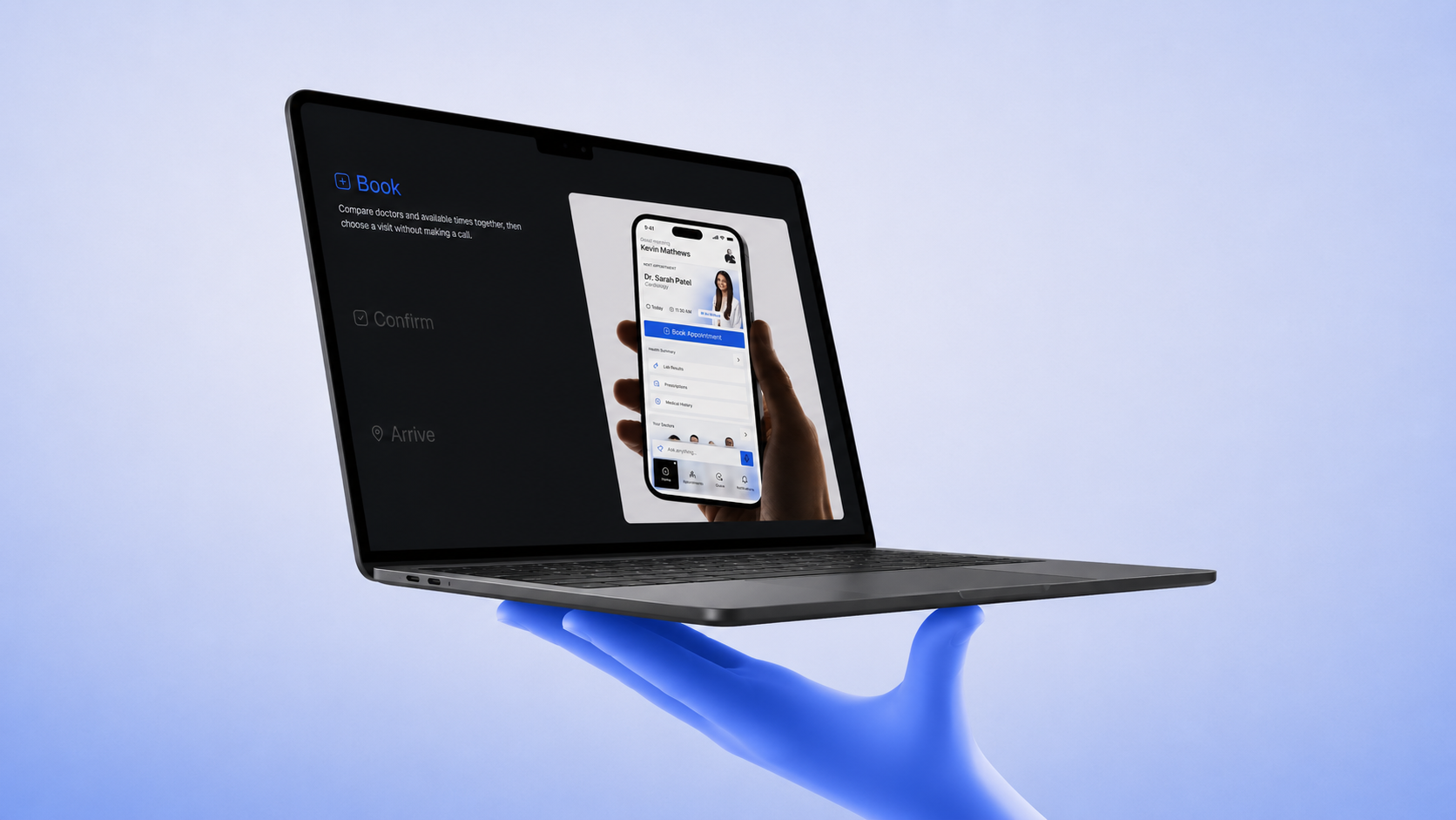 Mediq Book, Confirm, and Arrive website interaction displayed on a laptop