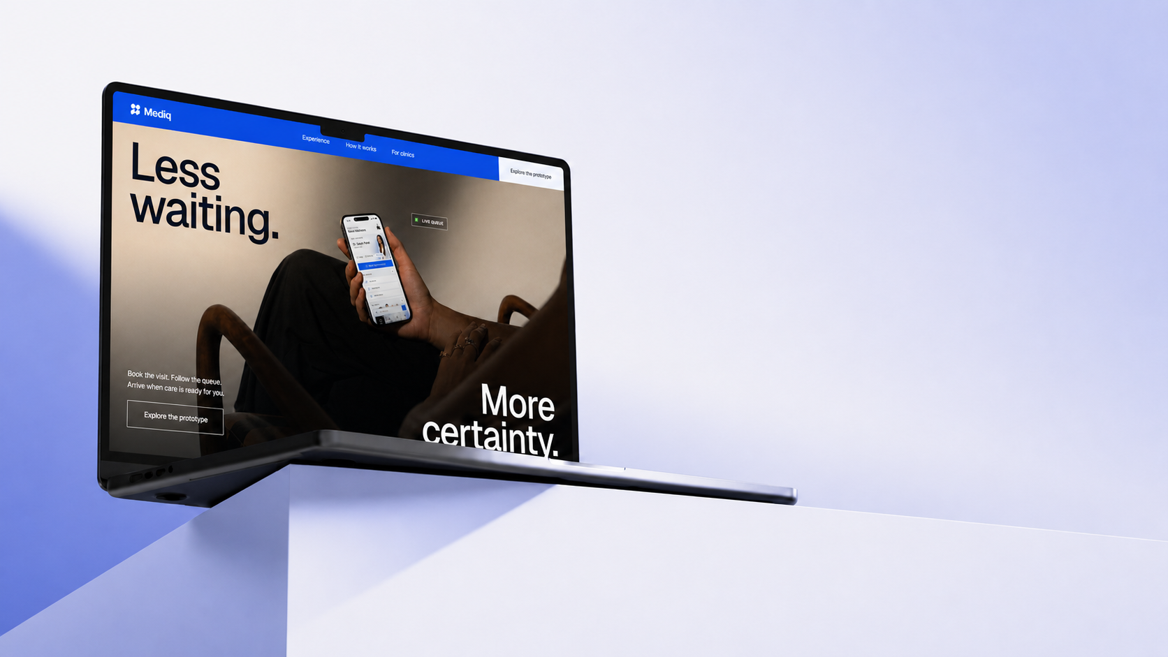 Mediq responsive website shown as a full desktop page beside a laptop mockup