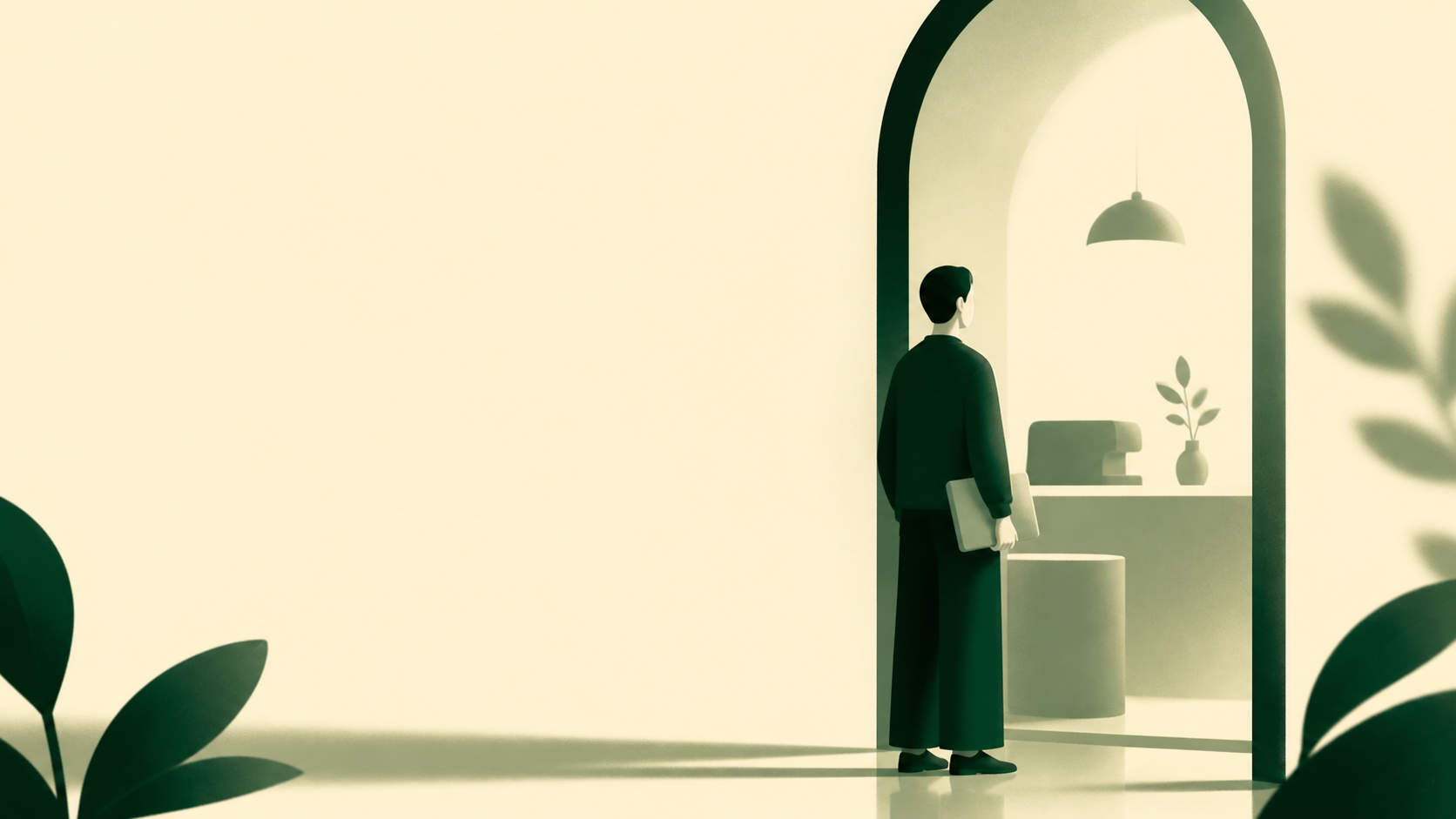 Editorial illustration of a designer holding a closed presentation folio at the threshold of a quiet cafe