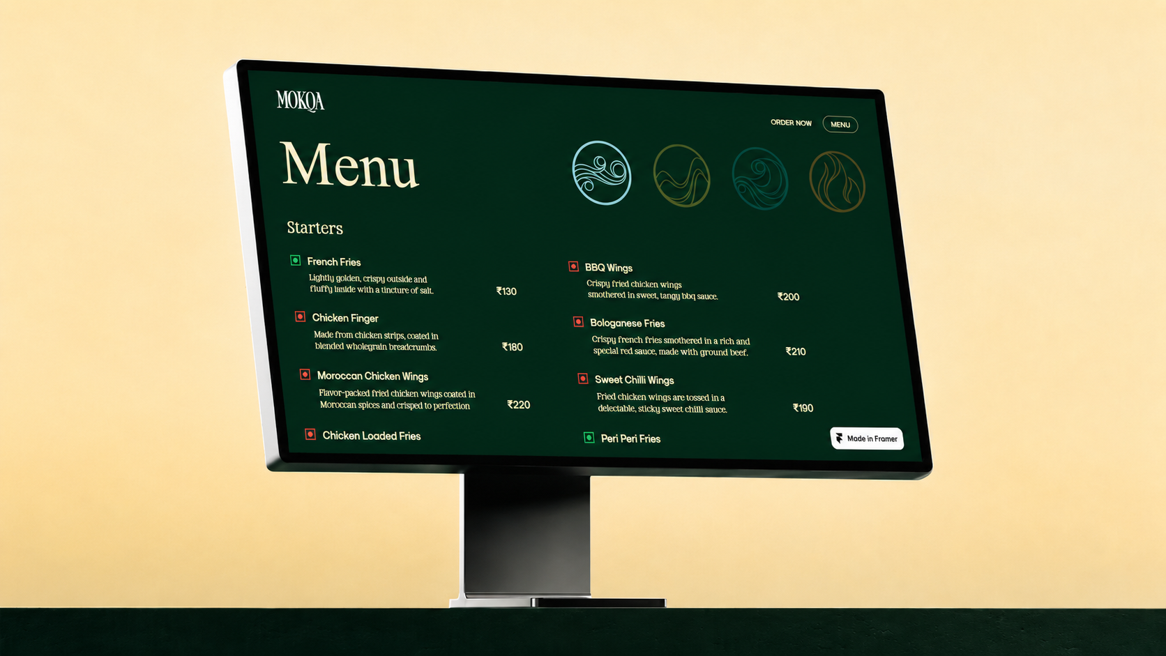 Mokqa menu page displayed on a desktop monitor with four element navigation icons