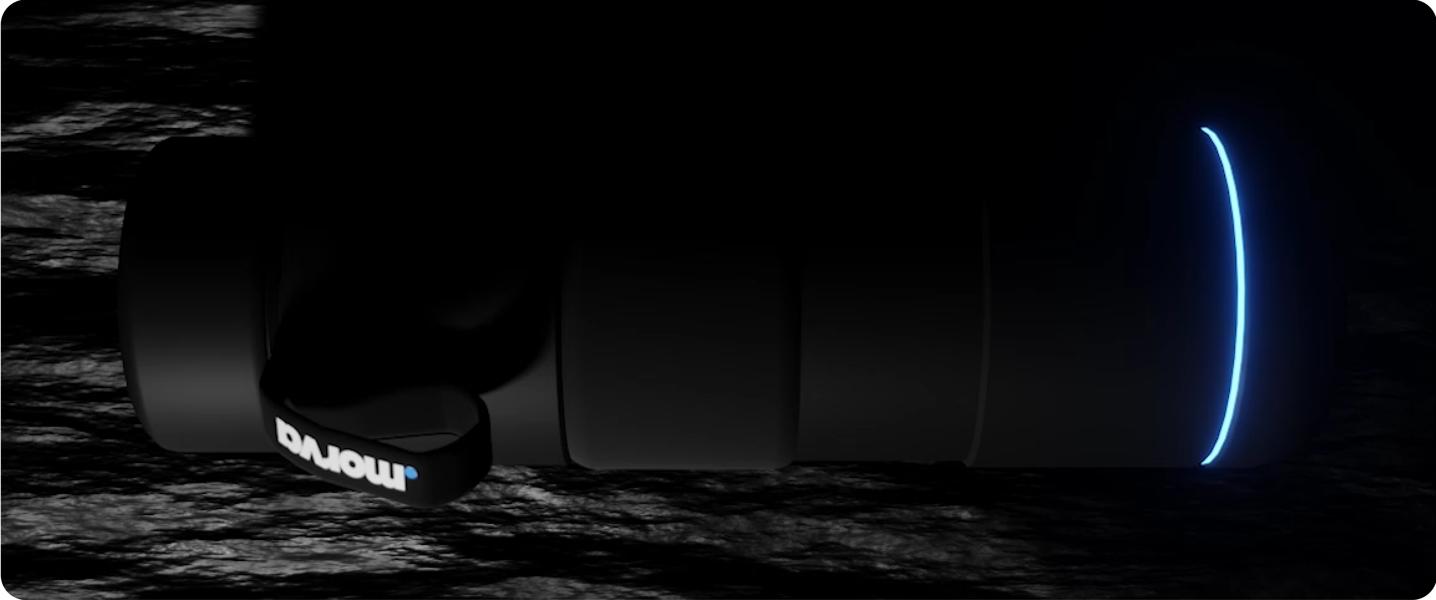 Black Morva bottle lying horizontally with its silicone loop and blue hydration-reminder ring illuminated