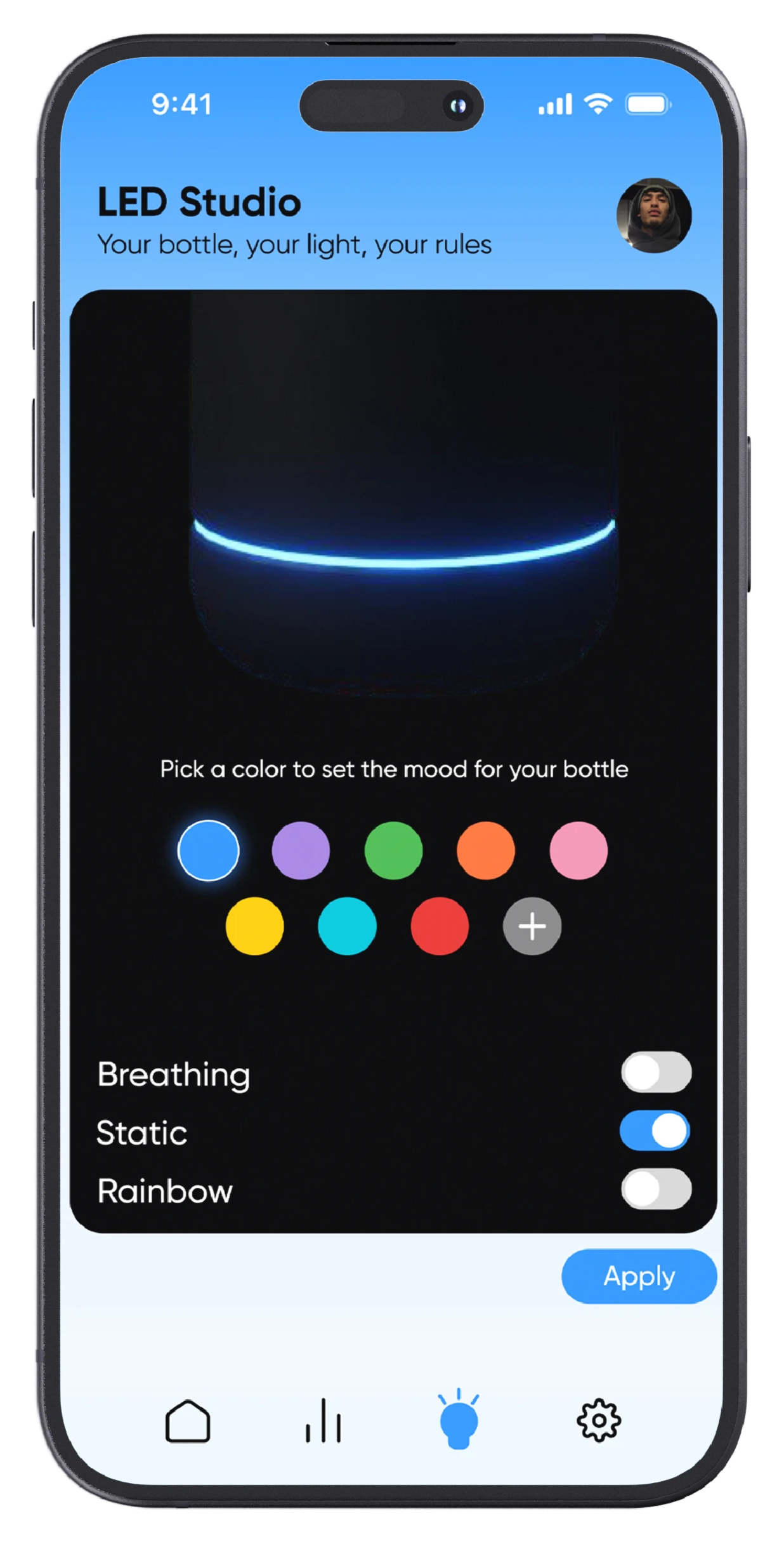 Morva app LED Studio screen for choosing the bottle light color and behavior