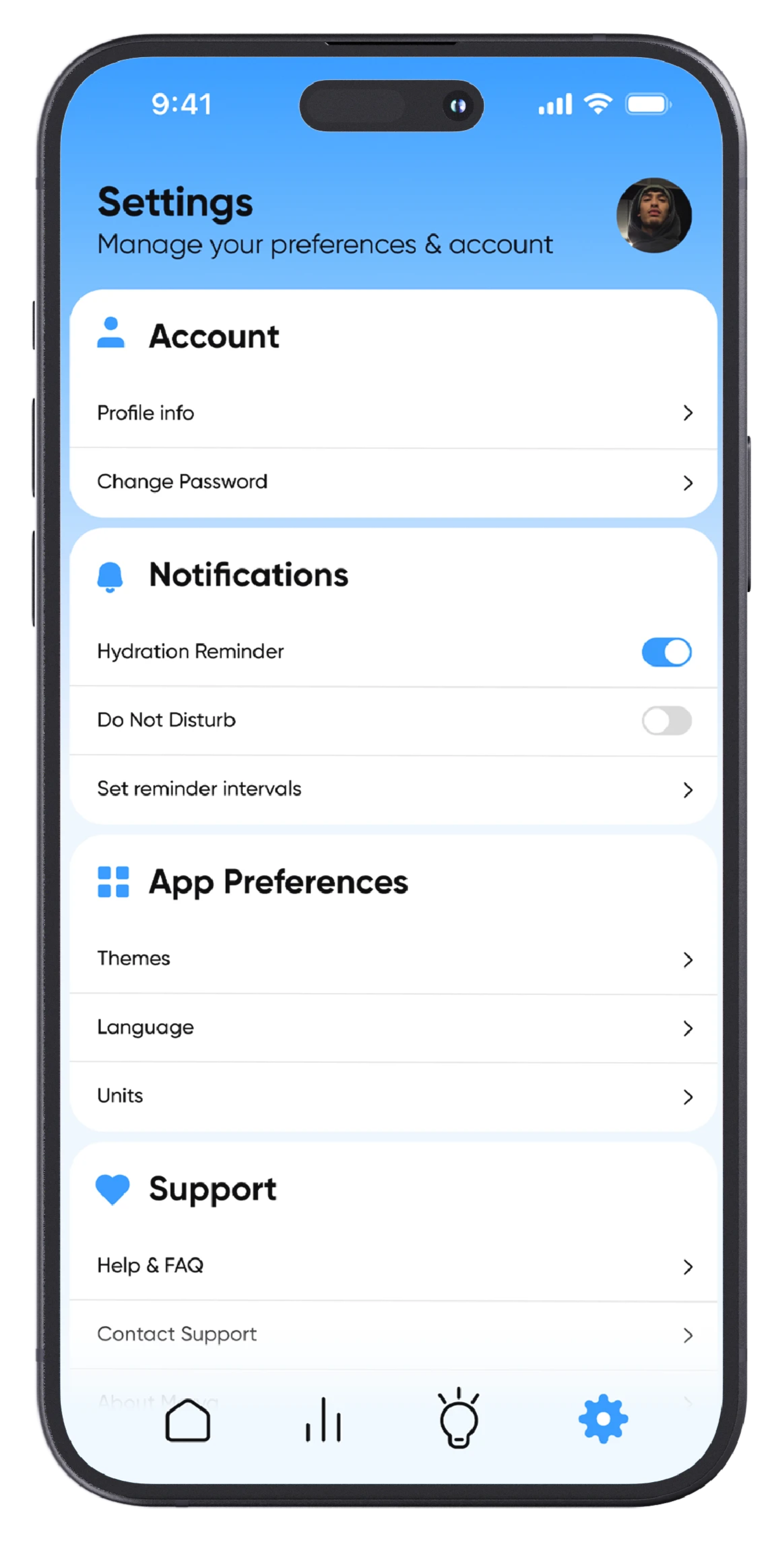 Morva app Settings screen with account, notification, preference, and support controls