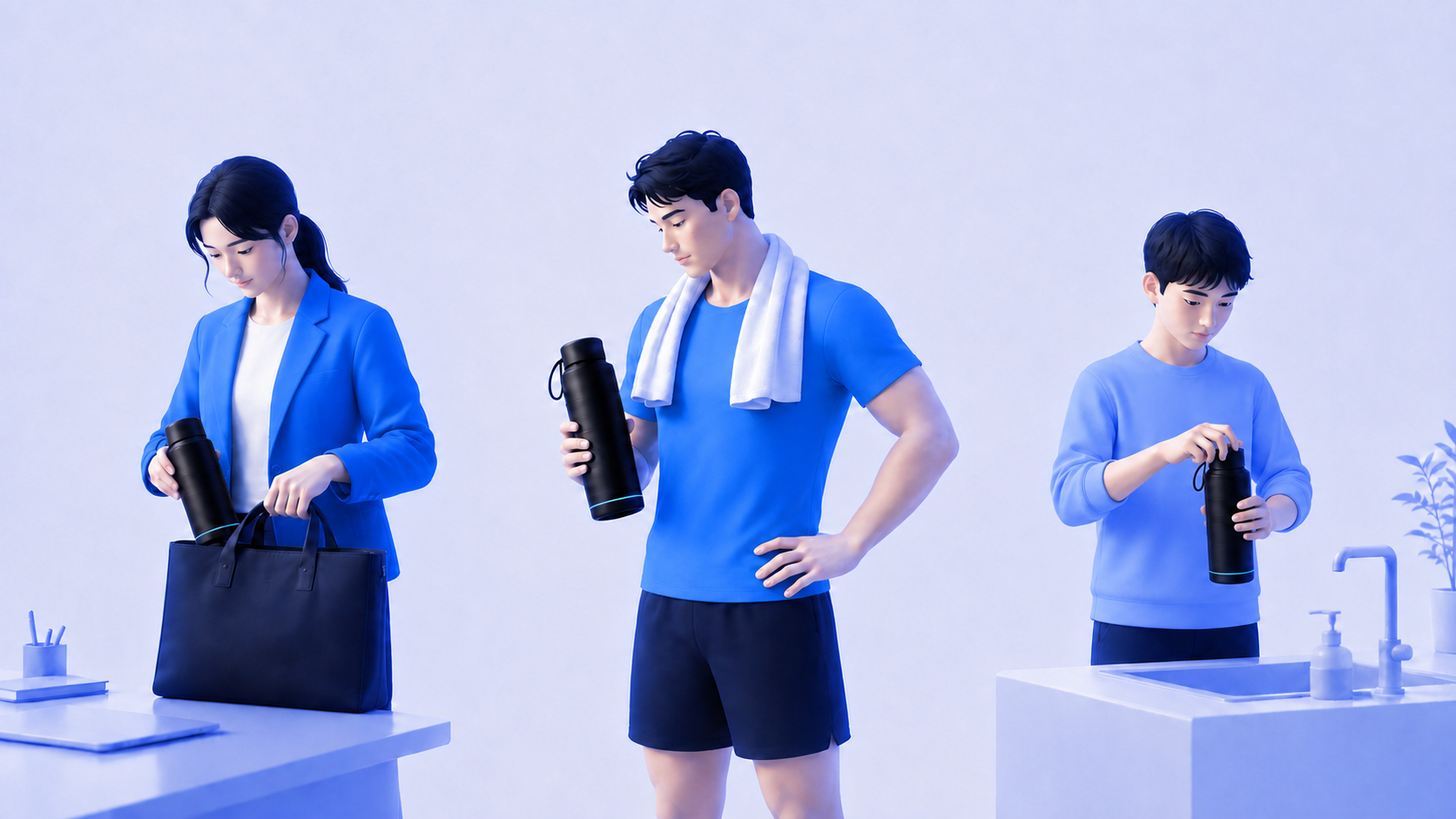 A working woman, an adult workout user, and a high-school-aged student in Morva-blue clothing use the bottle across work, exercise, and shared-living routines