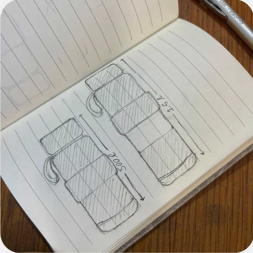 Notebook concept sketches comparing Morva's compact and expanded capacities
