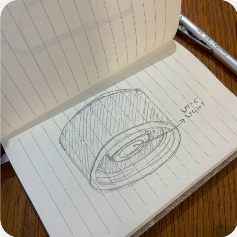 Notebook concept sketch exploring Morva's UV-C cap