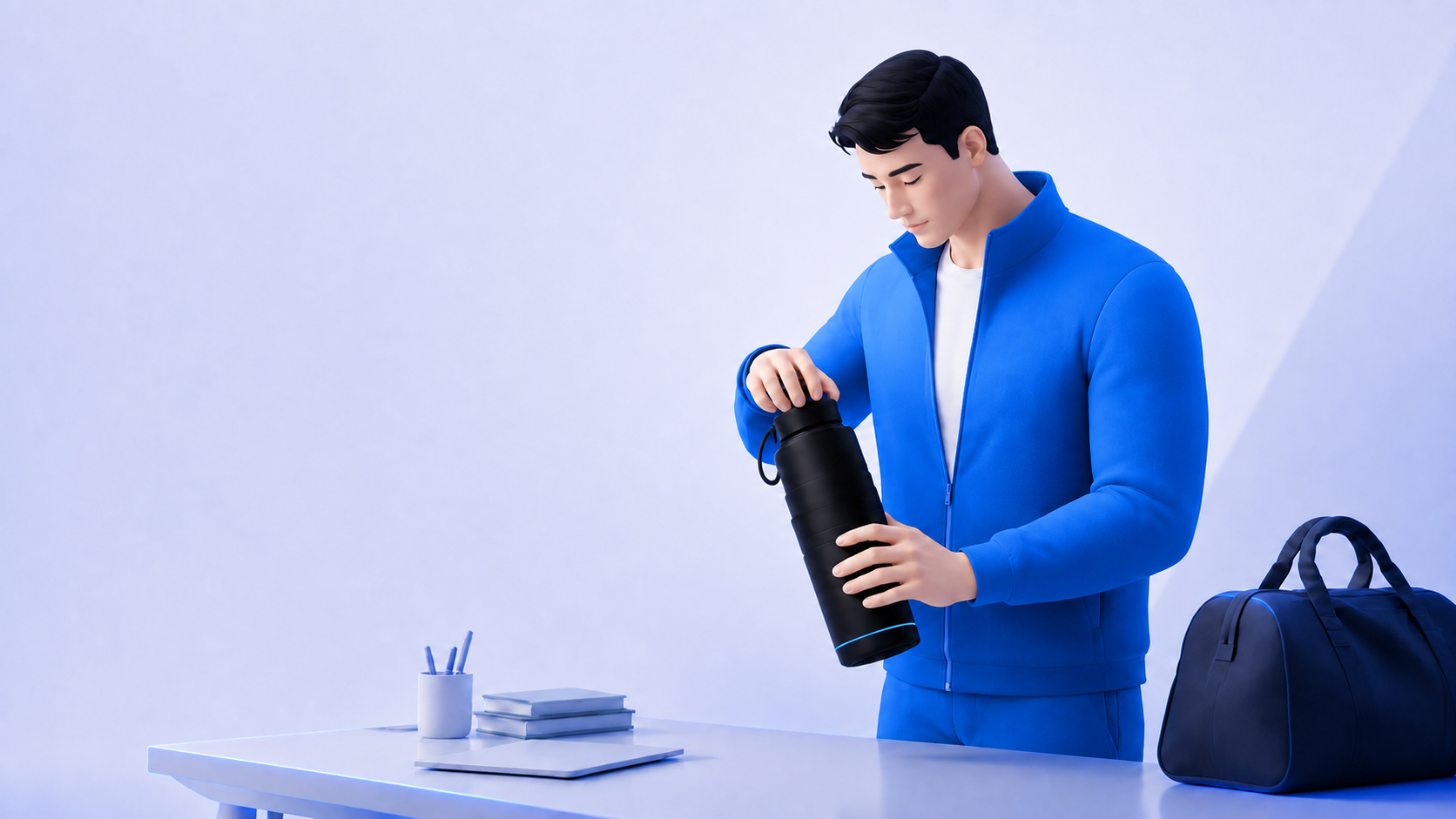 Editorial illustration of a person in a Morva-blue jacket closing an assembled Morva bottle before leaving with a gym bag