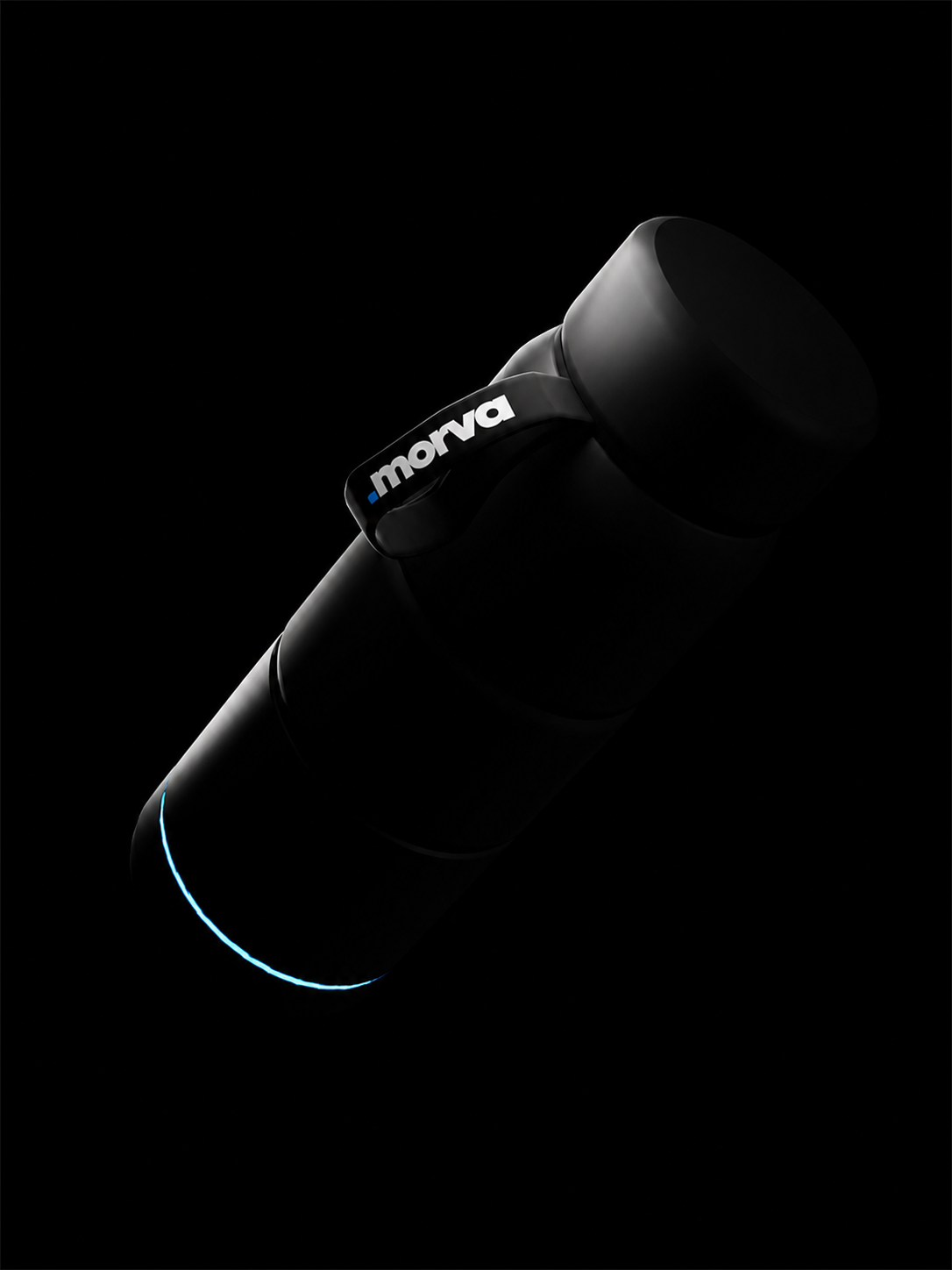 Black Morva modular smart bottle with a blue illuminated base ring
