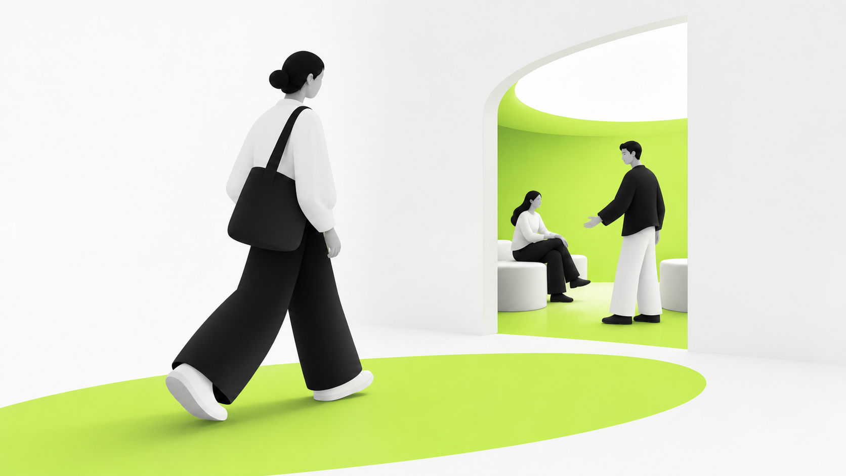 Editorial illustration of a person arriving at a small community gathering through a bright green entrance