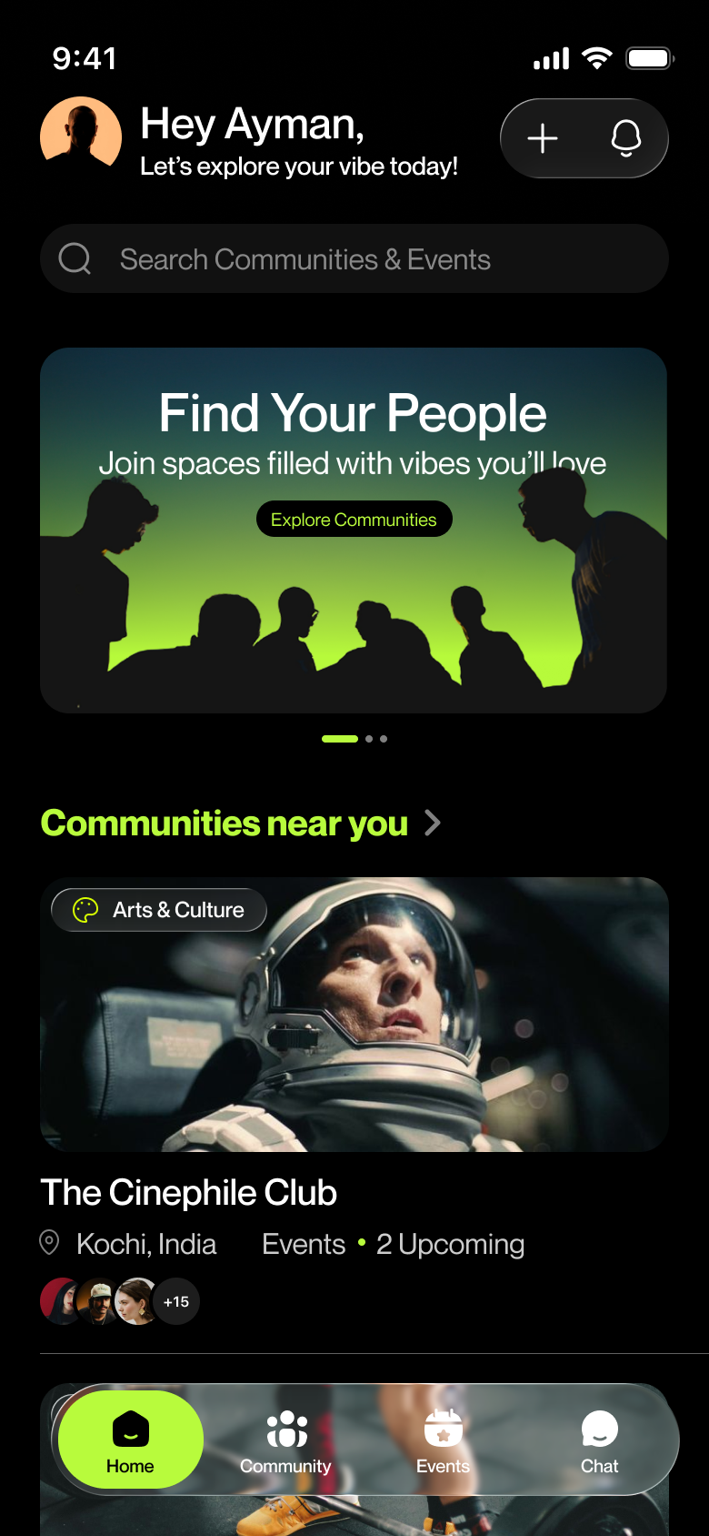 Final Orbit home interface with community discovery.