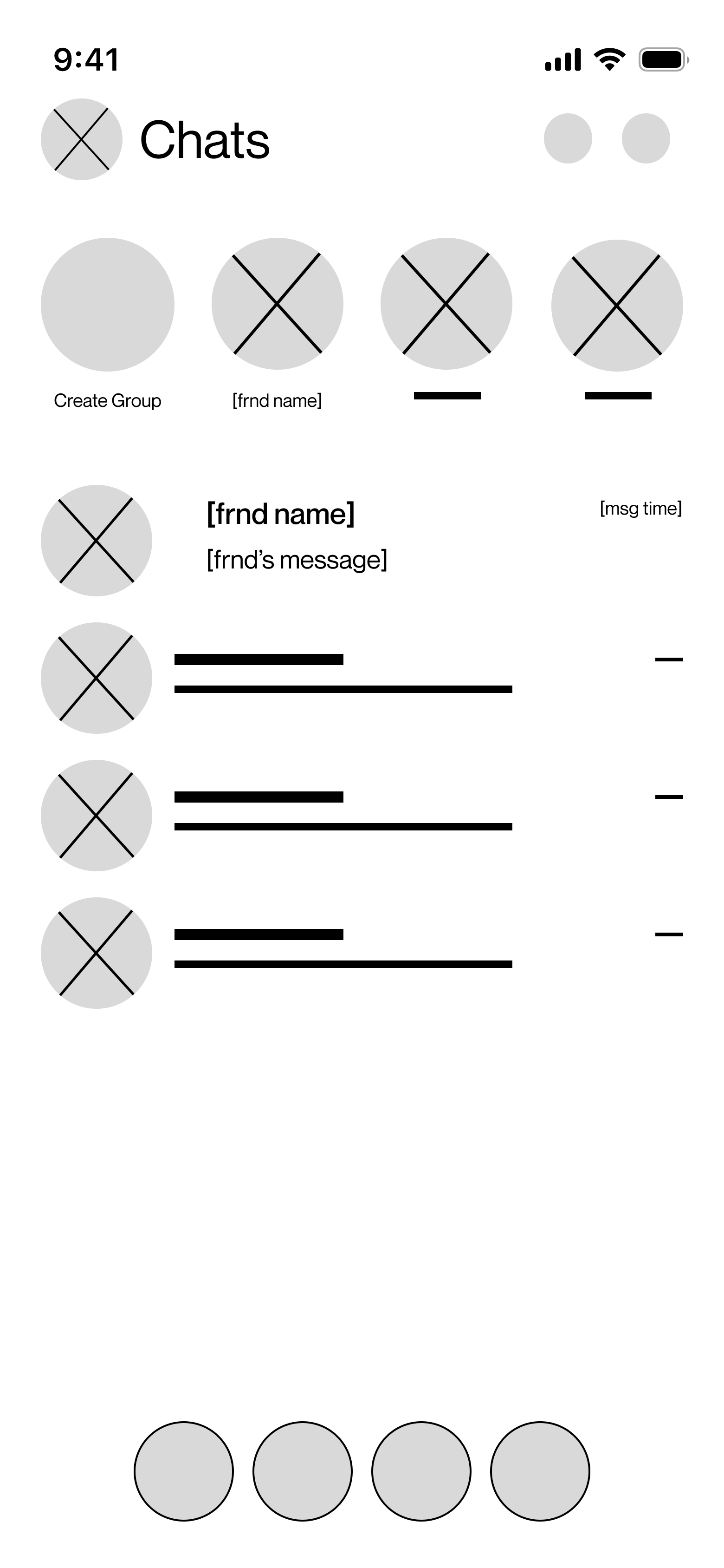 Low-fidelity Orbit chats list screen wireframe.