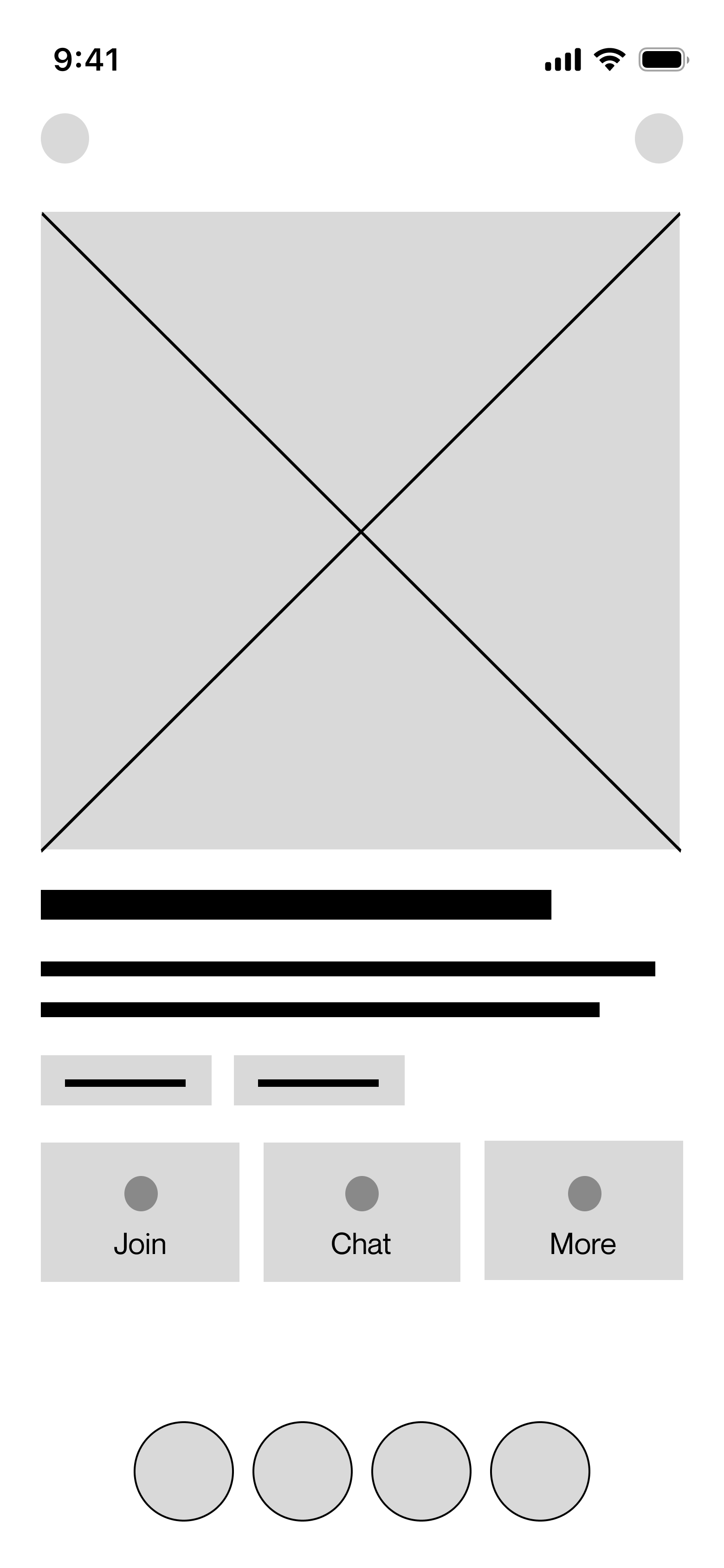 Low-fidelity Orbit community details screen wireframe.
