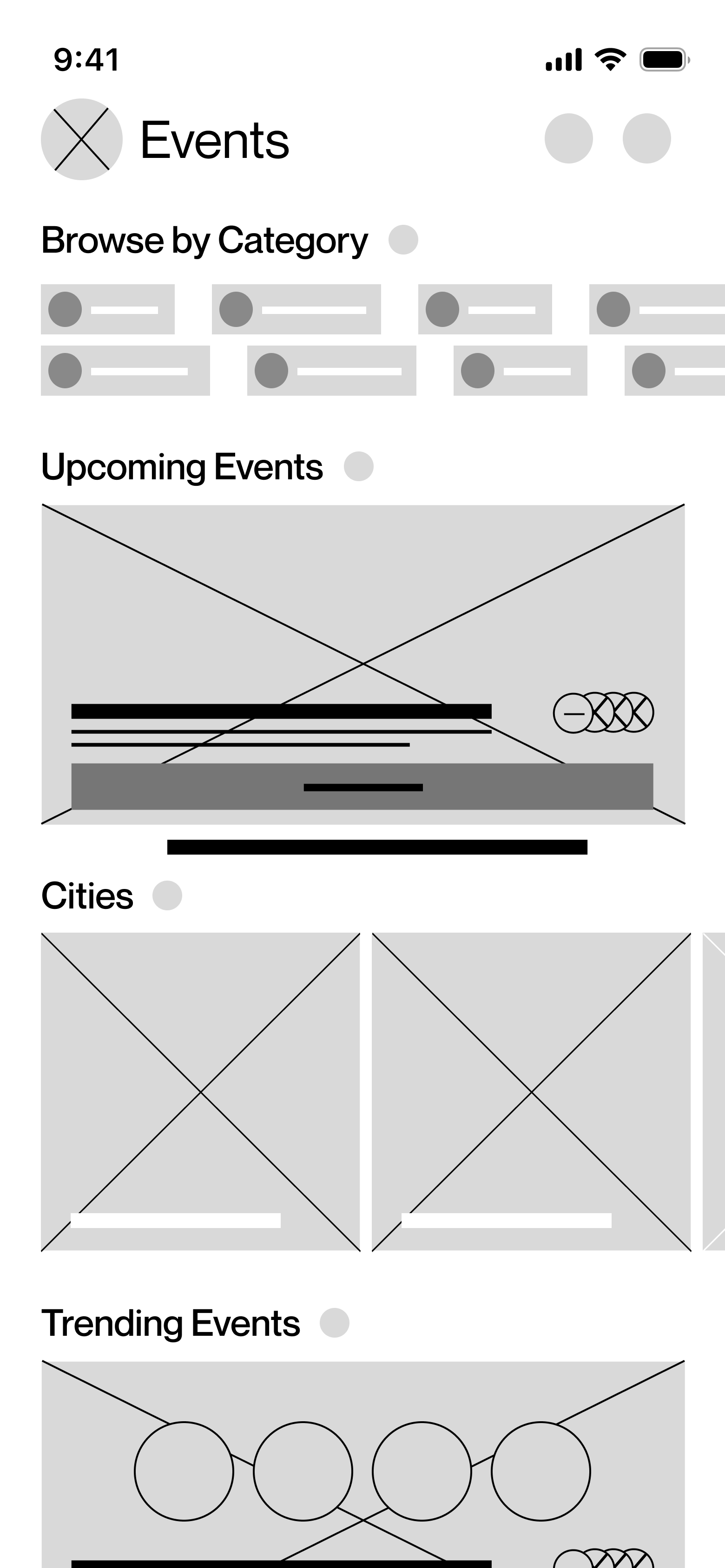 Low-fidelity Orbit events browsing screen wireframe.
