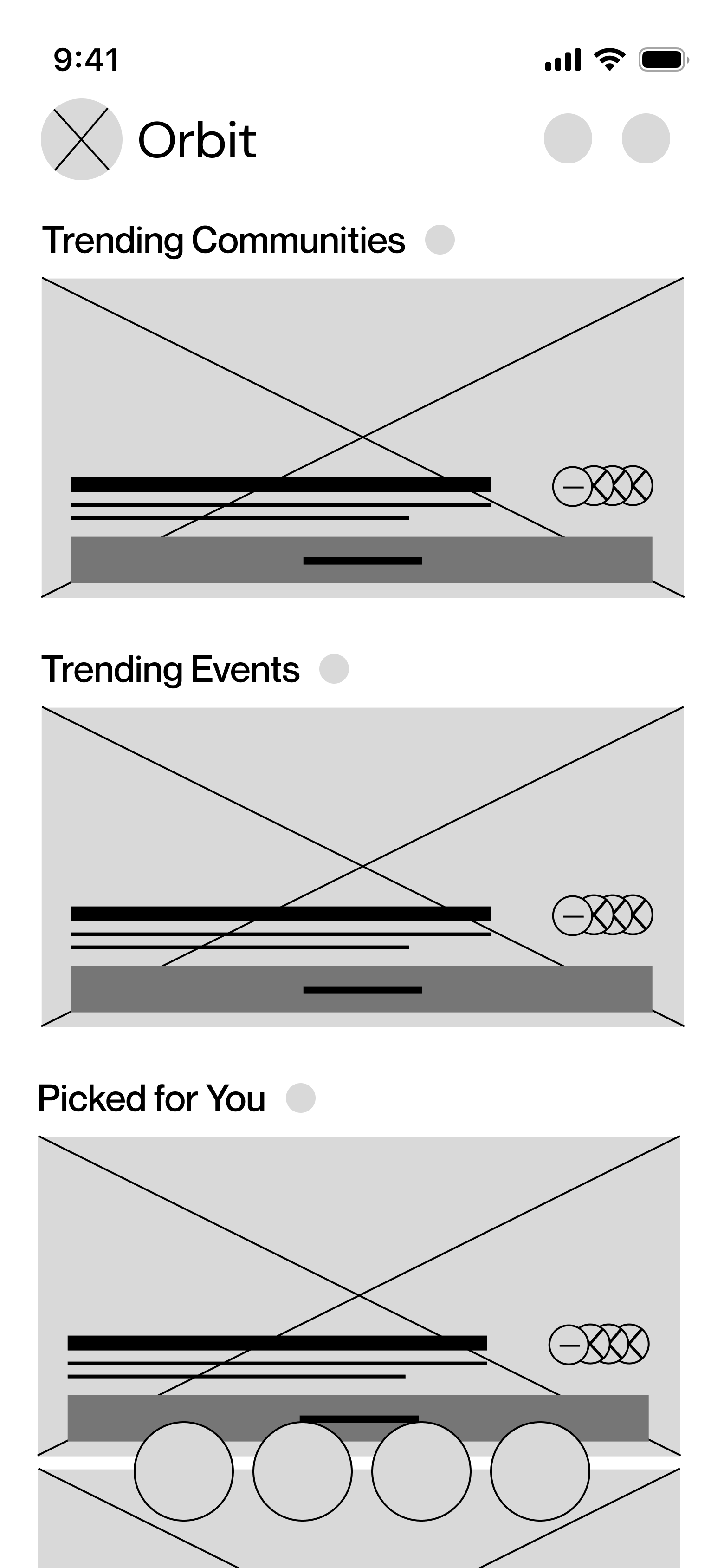Low-fidelity Orbit home screen wireframe.