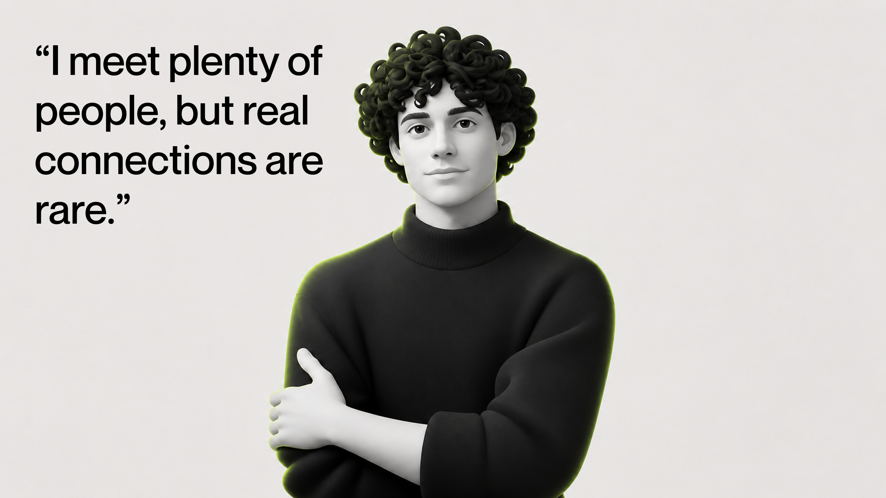 Illustrated portrait of Arjun beside his quote about real connections being rare.