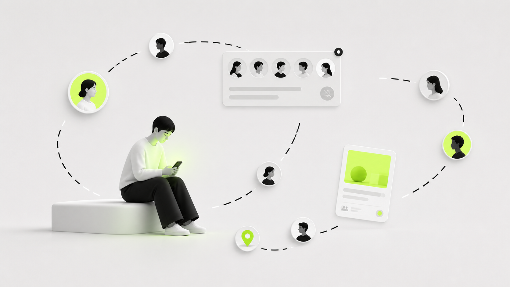 A person sits alone looking at a phone while disconnected profiles, a group card, an event card, and a location marker orbit around them without forming a complete connection.