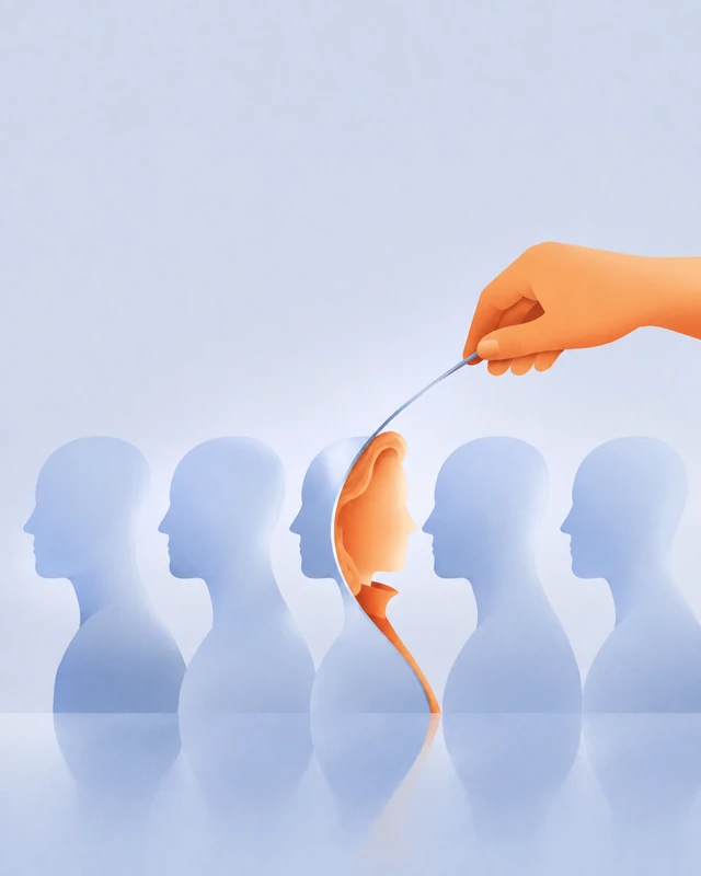 An illustrated orange hand revealing one distinctive identity among repeated blue profiles