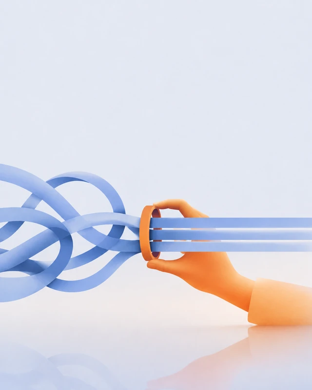 An illustrated orange hand guiding tangled blue ribbons into three ordered bands