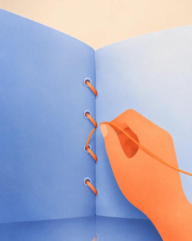 An illustrated orange hand carefully stitching two blue surfaces together
