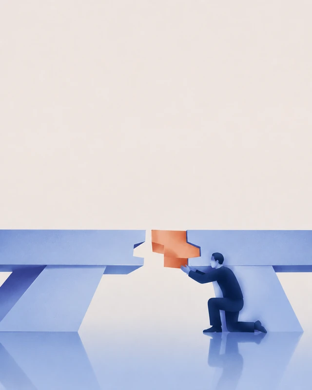 A simplified illustrated figure joining two blue structures with an orange connector