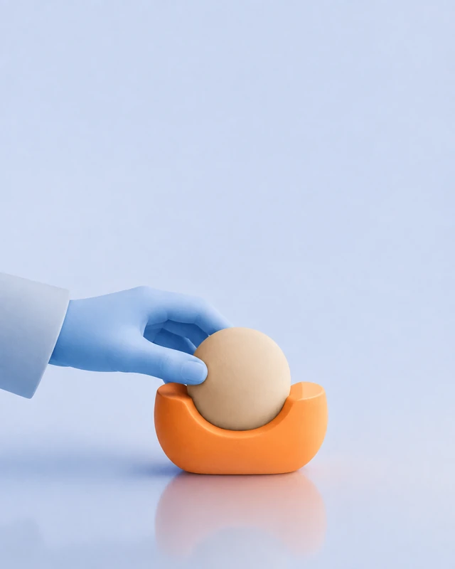 An illustrated blue hand placing a rounded object into a precisely fitted orange cradle