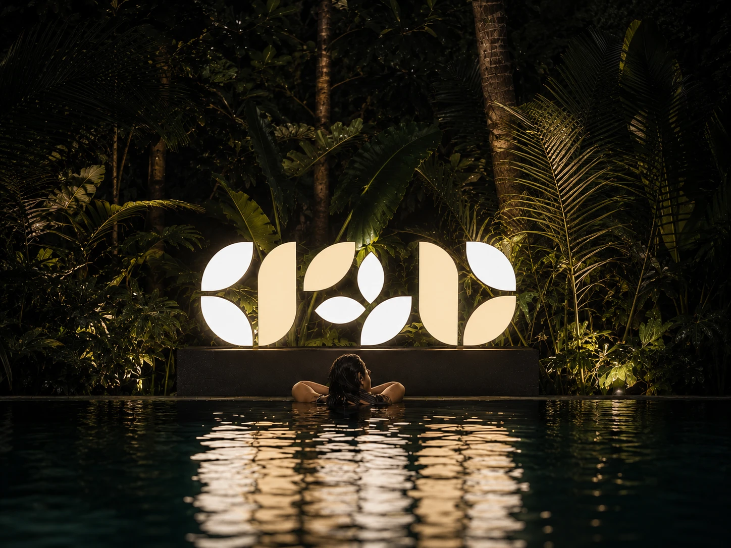 Illuminated Regal Bee symbol beside a tropical resort pool at night
